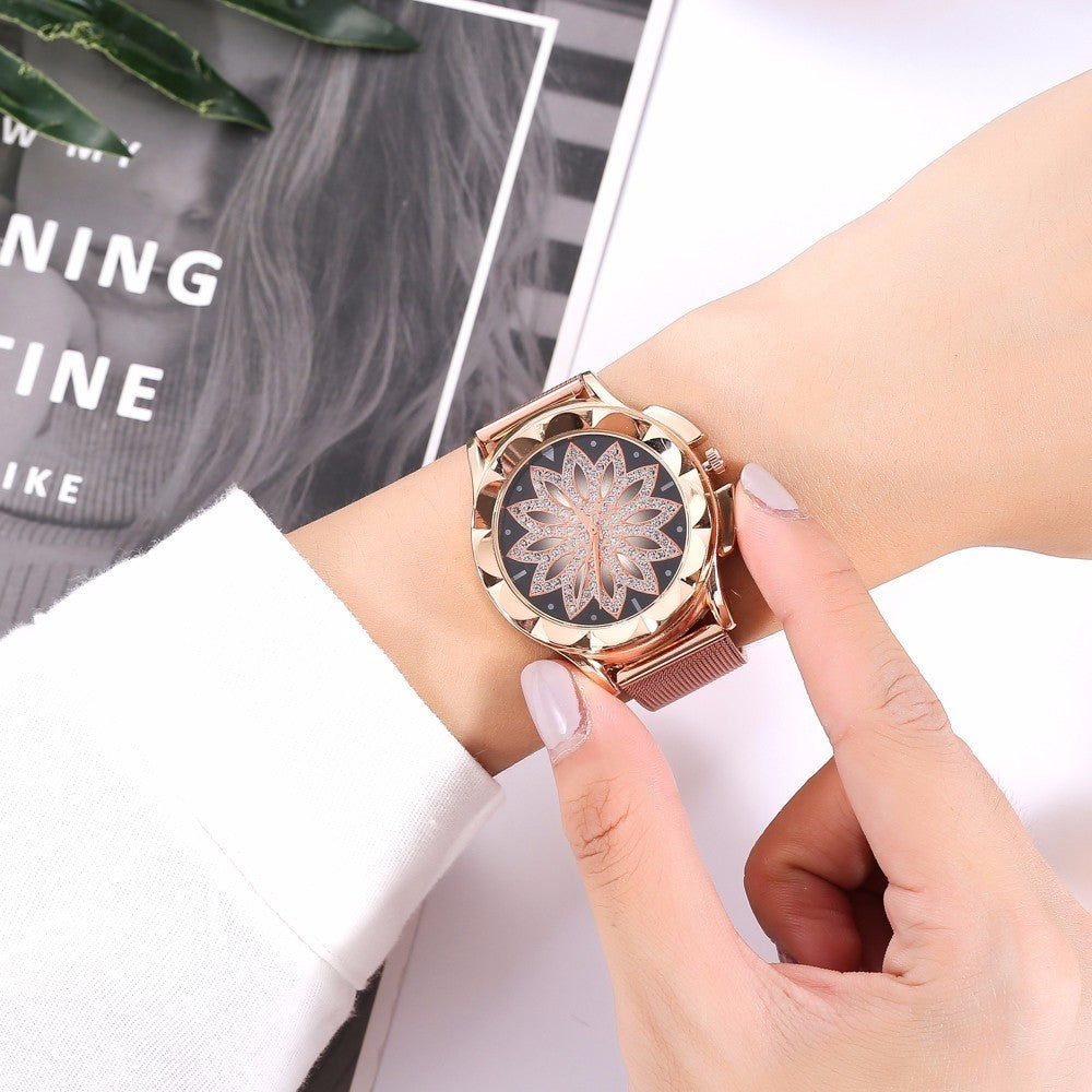 Rose Gold Flower Rhinestone Watche