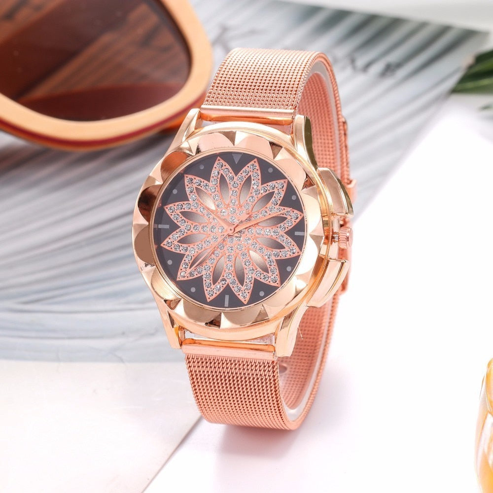 Rose Gold Flower Rhinestone Watche