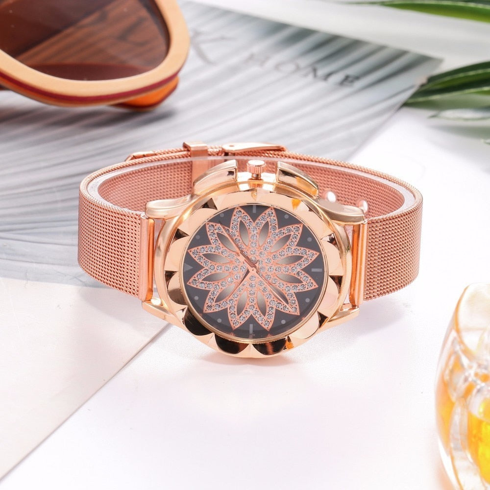 Rose Gold Flower Rhinestone Watche