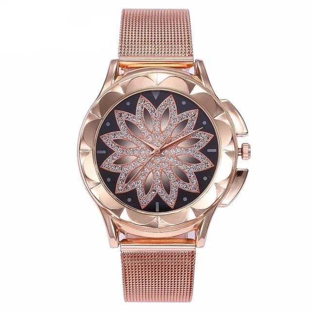 Rose Gold Flower Rhinestone Watche