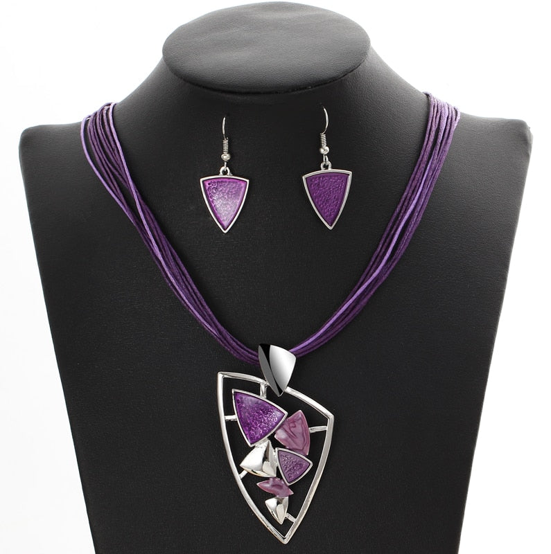 Leather Chain Enamel Gem Jewelry Sets
