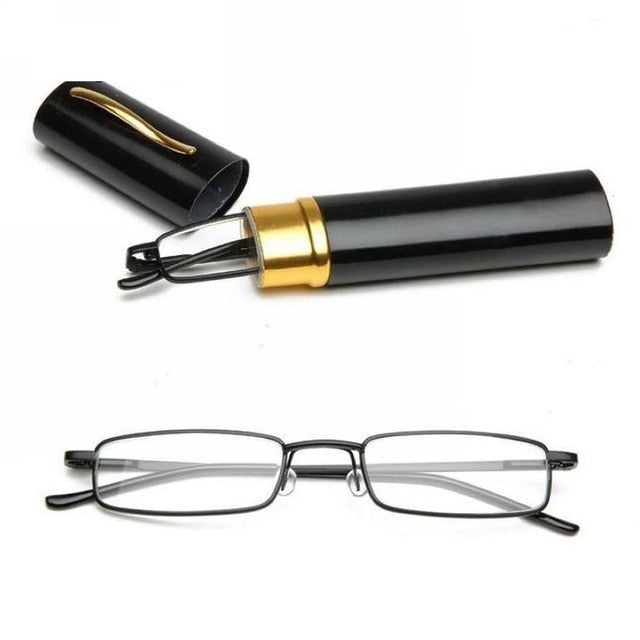 Stainless Steel Frame Resin Reading Glasses  With Tube Case Folding Anti Fatigue Presbyopic Eyeglasses