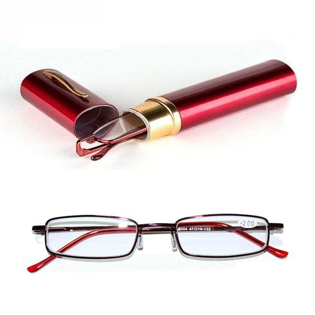 Stainless Steel Frame Resin Reading Glasses  With Tube Case Folding Anti Fatigue Presbyopic Eyeglasses