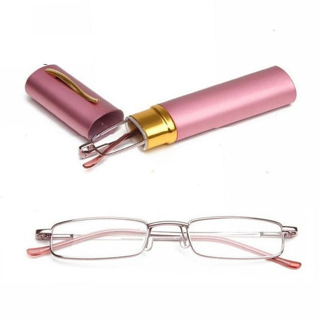 Stainless Steel Frame Resin Reading Glasses  With Tube Case Folding Anti Fatigue Presbyopic Eyeglasses