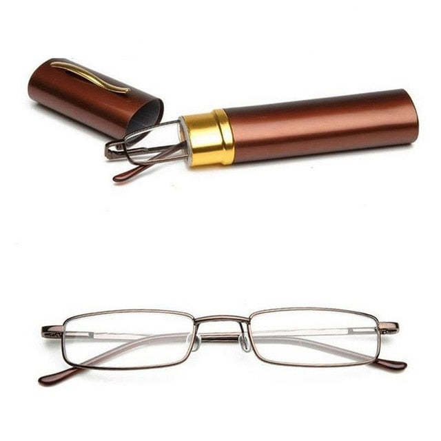 Stainless Steel Frame Resin Reading Glasses  With Tube Case Folding Anti Fatigue Presbyopic Eyeglasses