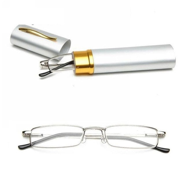Stainless Steel Frame Resin Reading Glasses  With Tube Case Folding Anti Fatigue Presbyopic Eyeglasses