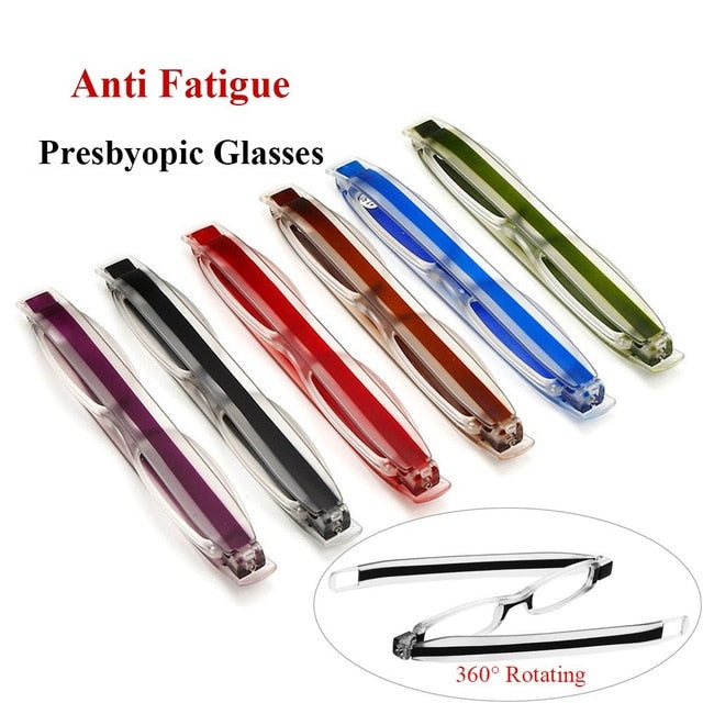 Stainless Steel Frame Resin Reading Glasses  With Tube Case Folding Anti Fatigue Presbyopic Eyeglasses